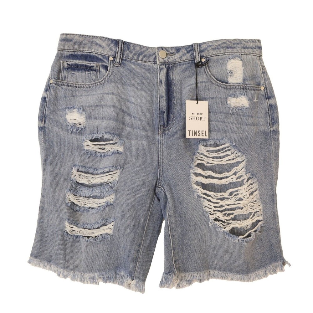 Tinsel Hi-Rise Distressed Bermuda Short 28 Denim Jeans Raw Edge Cut Off Blue B10